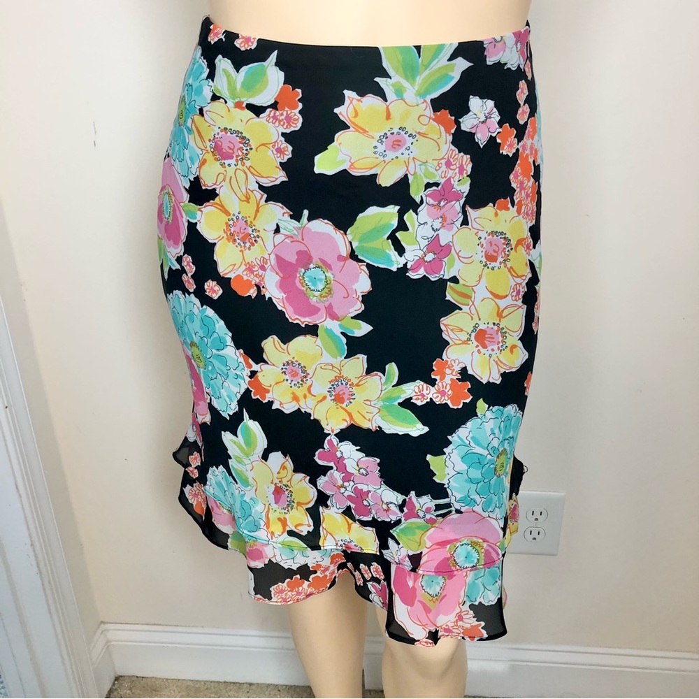 VINTAGE Versailles Floral skirt Y2K 90s Vibrant Colorful Pink Yellow Ruffle Hem